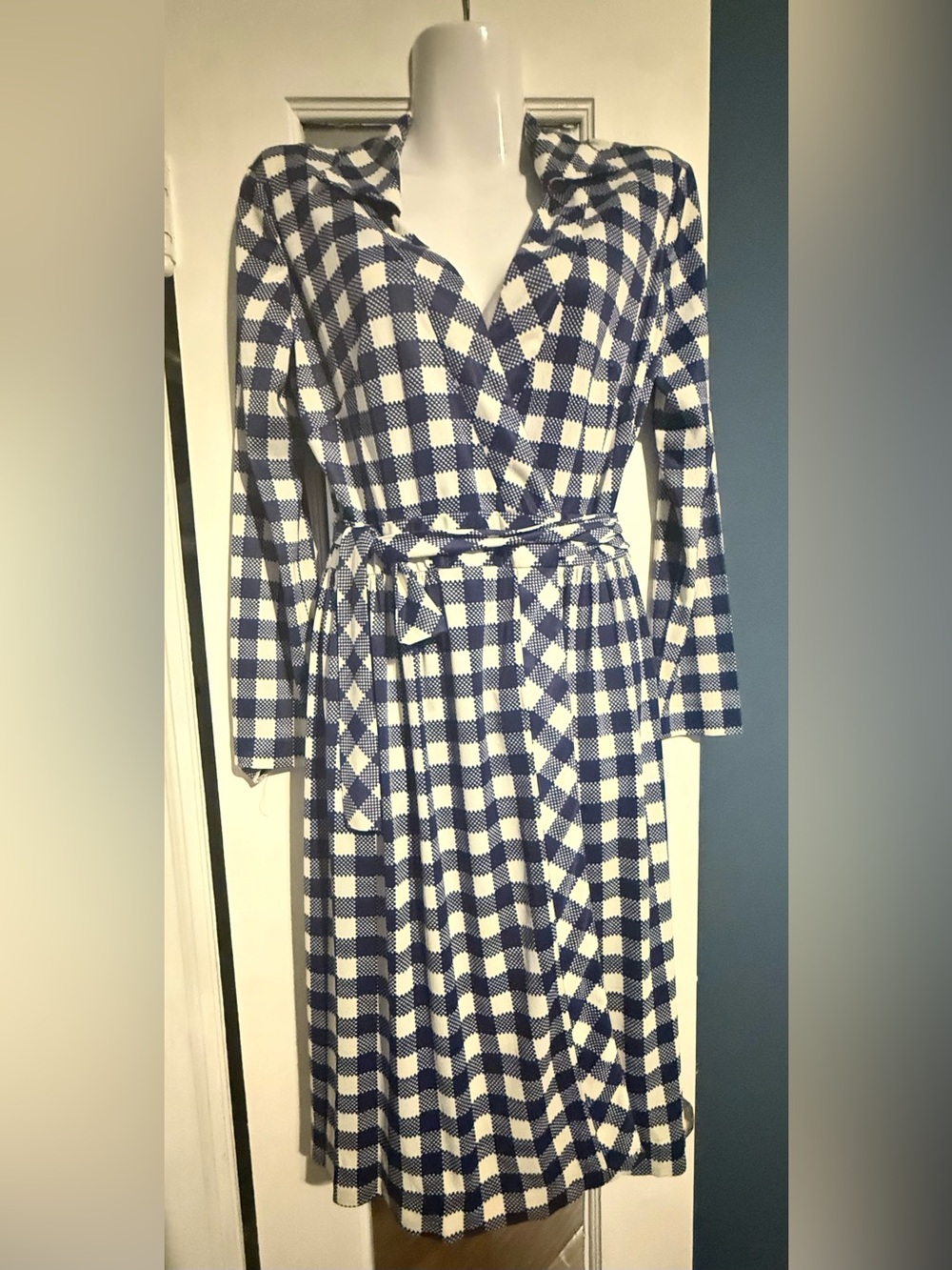 Vintage Lisa Cobb Saks Fifth Avenue Gingham Knit True Wrap Midi Dress XS S 1970s